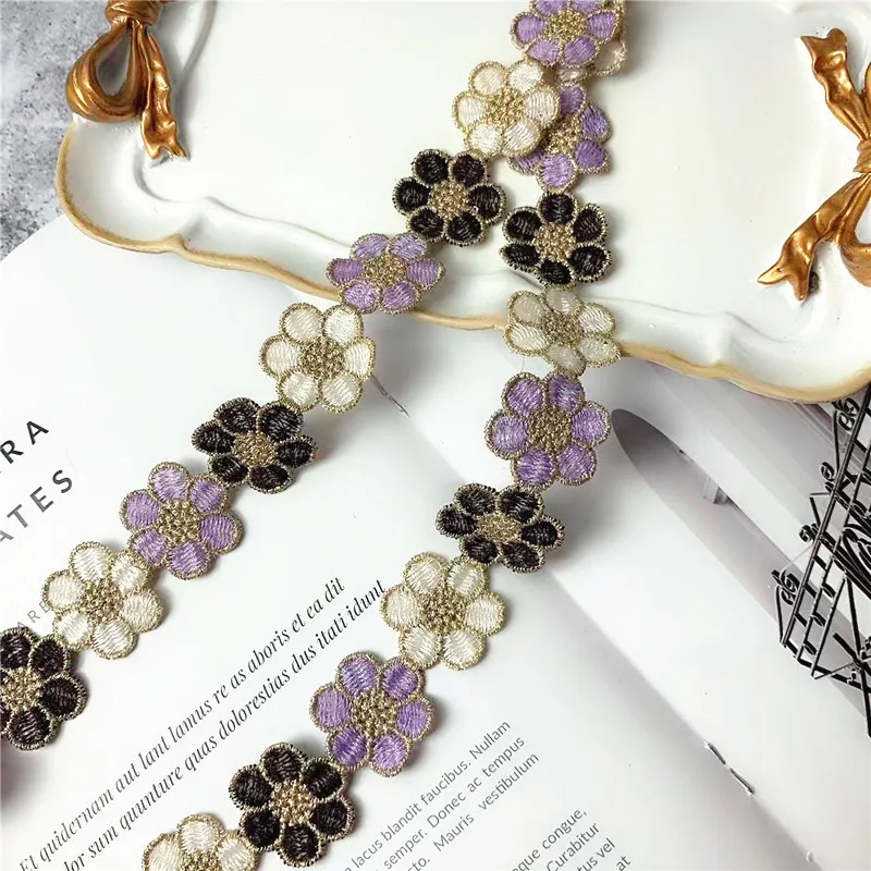 2CM Wide Luxury Polyester Embroidered Colored Flowers Lace Trim Ribbon Dress Collar Headwear Hats Bags Clothing DIY Sewing Decor