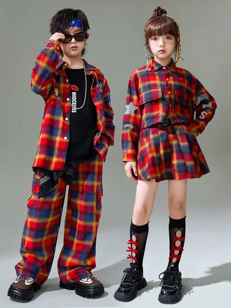 

Boys Hip Hop Costume Plaid Shirt Cargo Pants Girls Street Dance Retro Jacket Skirts Kids Jazz Streetwear Clothes Sets