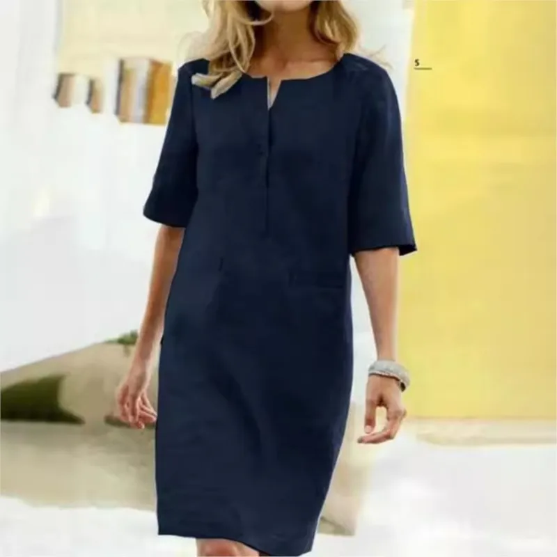 Vintage Women‘s Large Loose Dress Autumn Solid Cotton Linen O Neck Short Sleeve Pocket Button Dress Vestidos Elegant Mujer Women