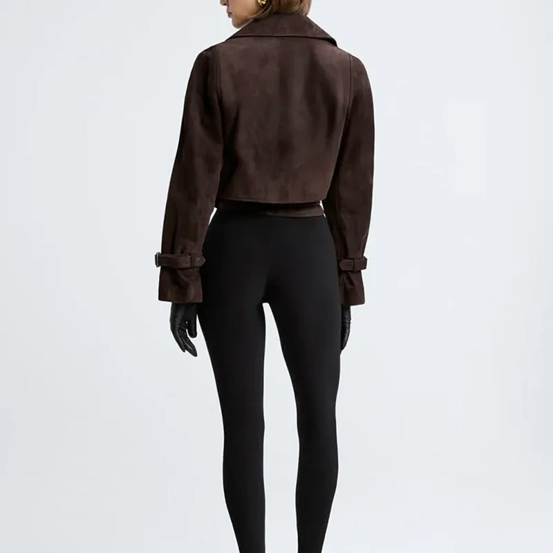 ZOCI سترات نسائية عتيقة بياقة مقلوبة مع وشاحات بقصة ضيقة عصرية عصرية ملابس الشارع معطف قصير أنيق لشتاء 2025