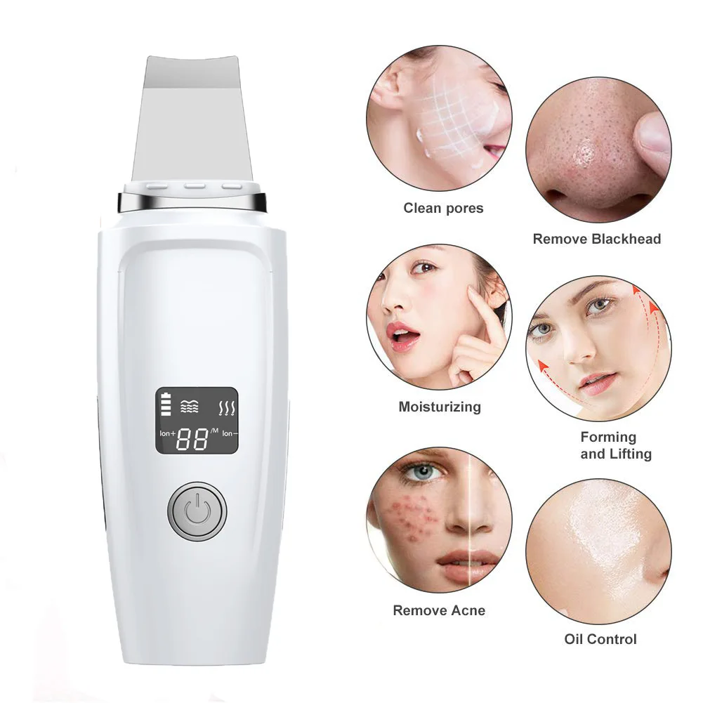 LCD Ultrasonic Skin Scrubber, removedor de cravos, Sonic Face Skin Cleaning, Dispositivo De Descamação, Extrator Comedone, Pá Ion Facial