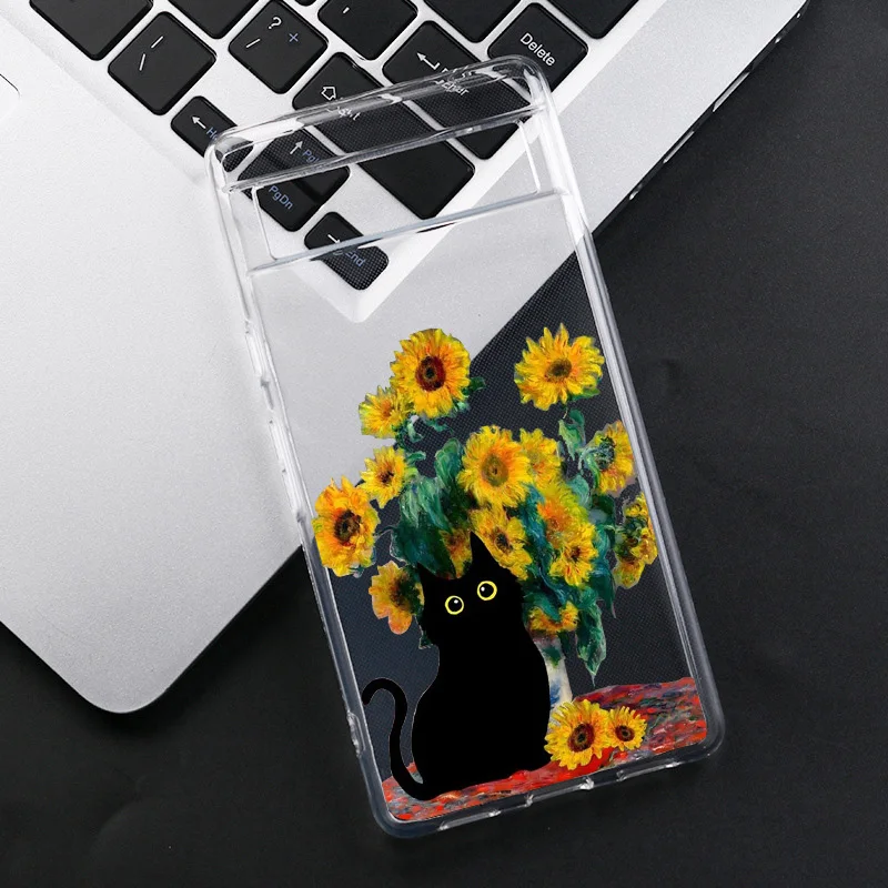 Cartoon Van Gogh Black Cat Phone Case For Google Pixel 8A 8 7 9 Pro XL 6A 5G Retro Oil Painting Transparent Soft Cover Fundas