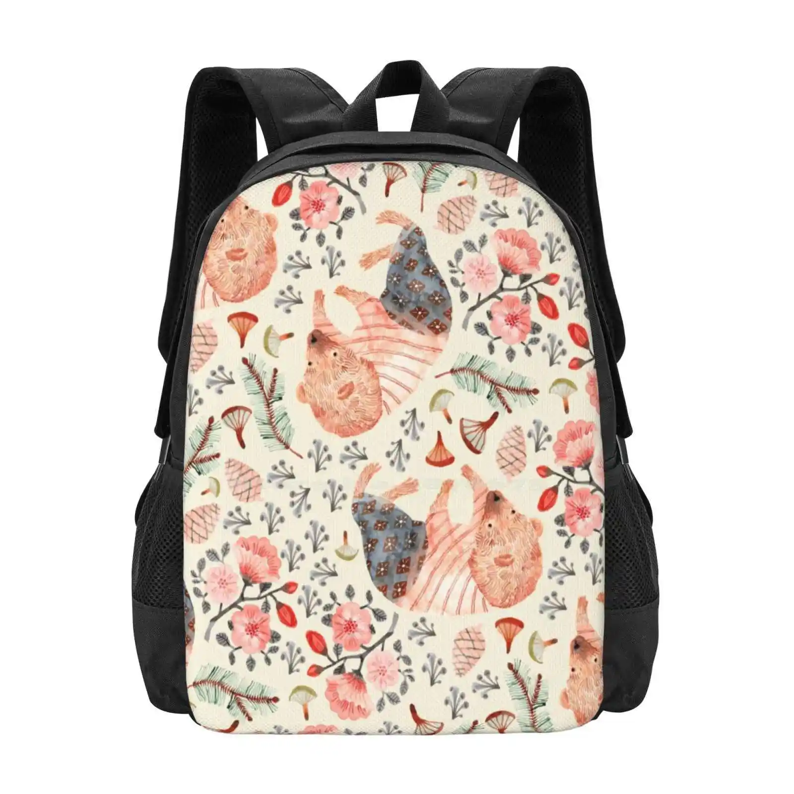 Tumbling Bear Cub School Bag Big Capacity Backpack Laptop Bear Cub Tumble Tumbling Forest Flowers Mushroom Branch Pine Nut