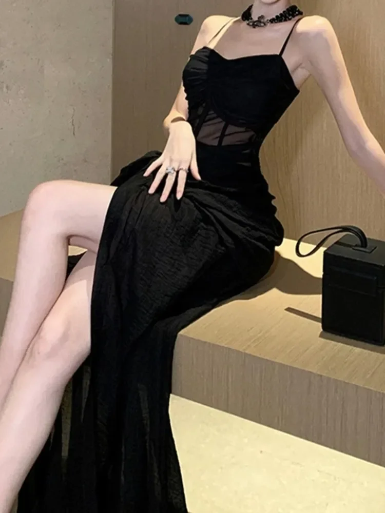 프랑스어 섹시한 블랙 분할 민소매 드레스 여름 새로운 패션 스파게티 스트랩 슬림 여성 저녁 파티 클럽 드레스