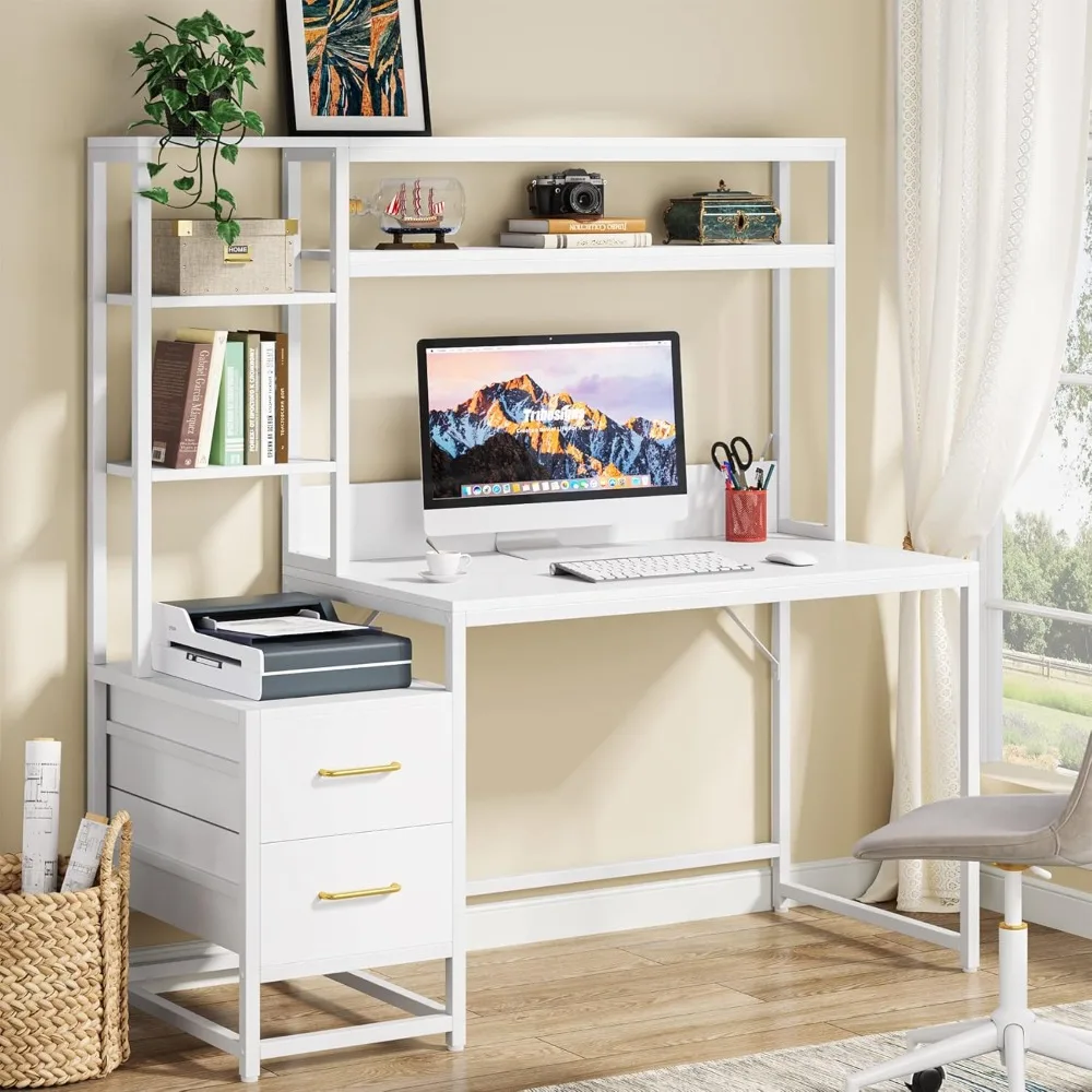 

55 Inch Computer Desk with 2 Drawers and Storage Shelves, Wihite Office Desk with Hutch