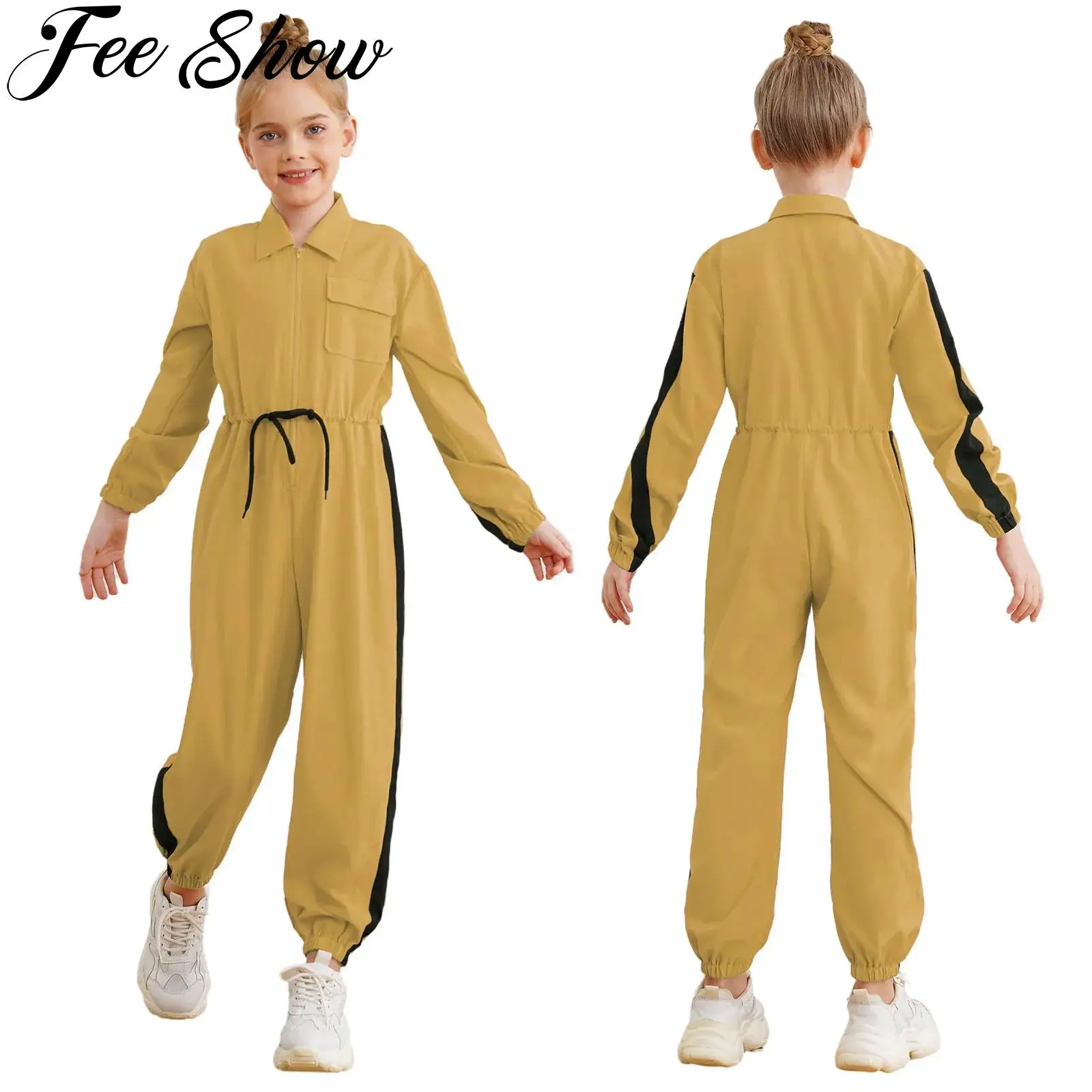 Children Girls Casual Color Block Jumpsuit Coverall Mechanic Boiler Suit Long Sleeve Zipper Drawstring Waist Romper Flightsuit