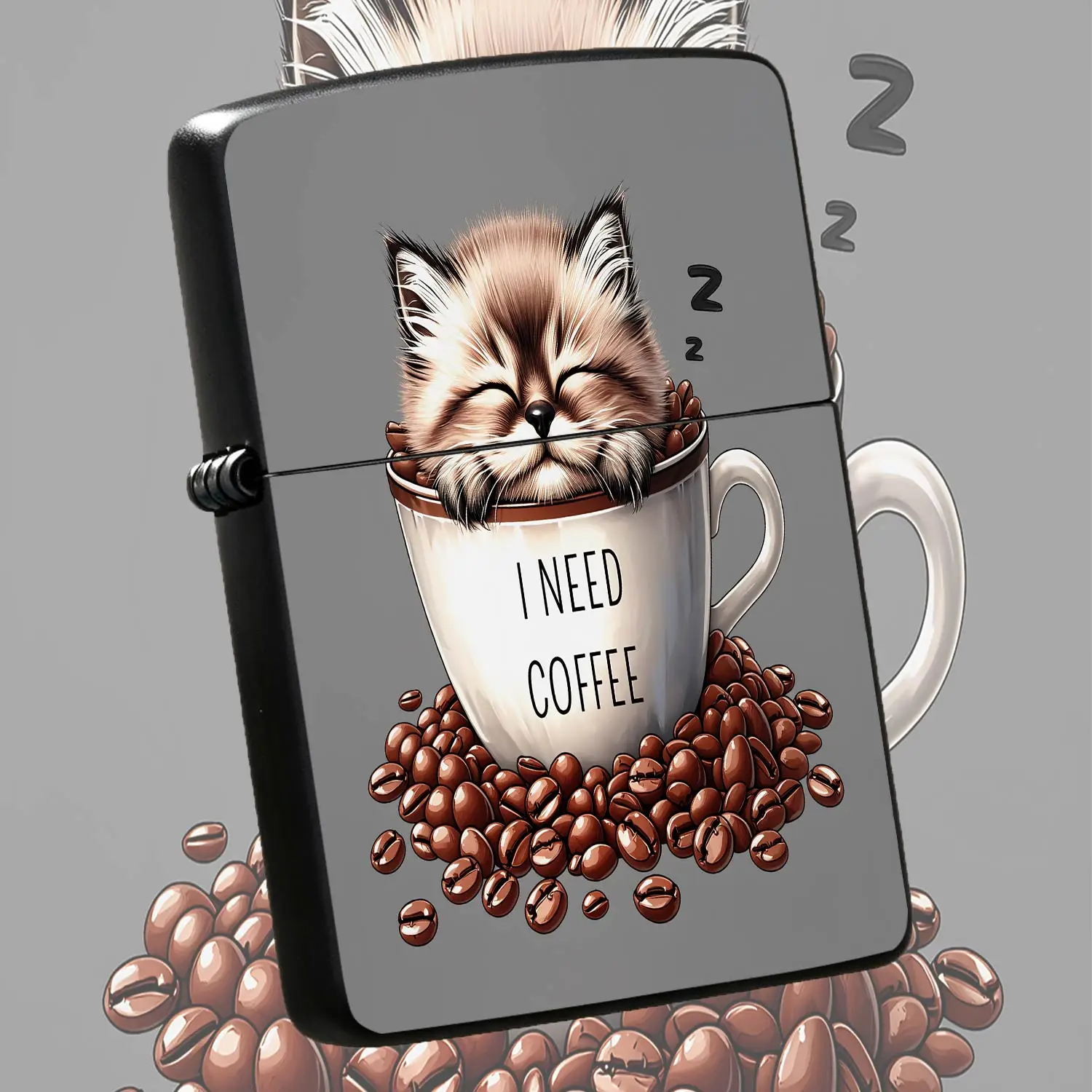 Cute Sleepy Kitten Coffee Themed Lighter, Adorable Fluffy Cat Napping In Coffee Cup Design Printed With I Need Coffee, Portable Stylish Daily Use Ignition Tool, Ideal Quirky Present For Coffee Cat Lovers, Fits Casual Ho A Humorous And Inter
