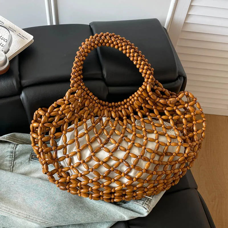 2 Set Tote Bag For Women Fashion Hollow Out Shoulder Bag Designer Wood Beading Handmade Woven Bag Bohemain Beach Handbag Brown