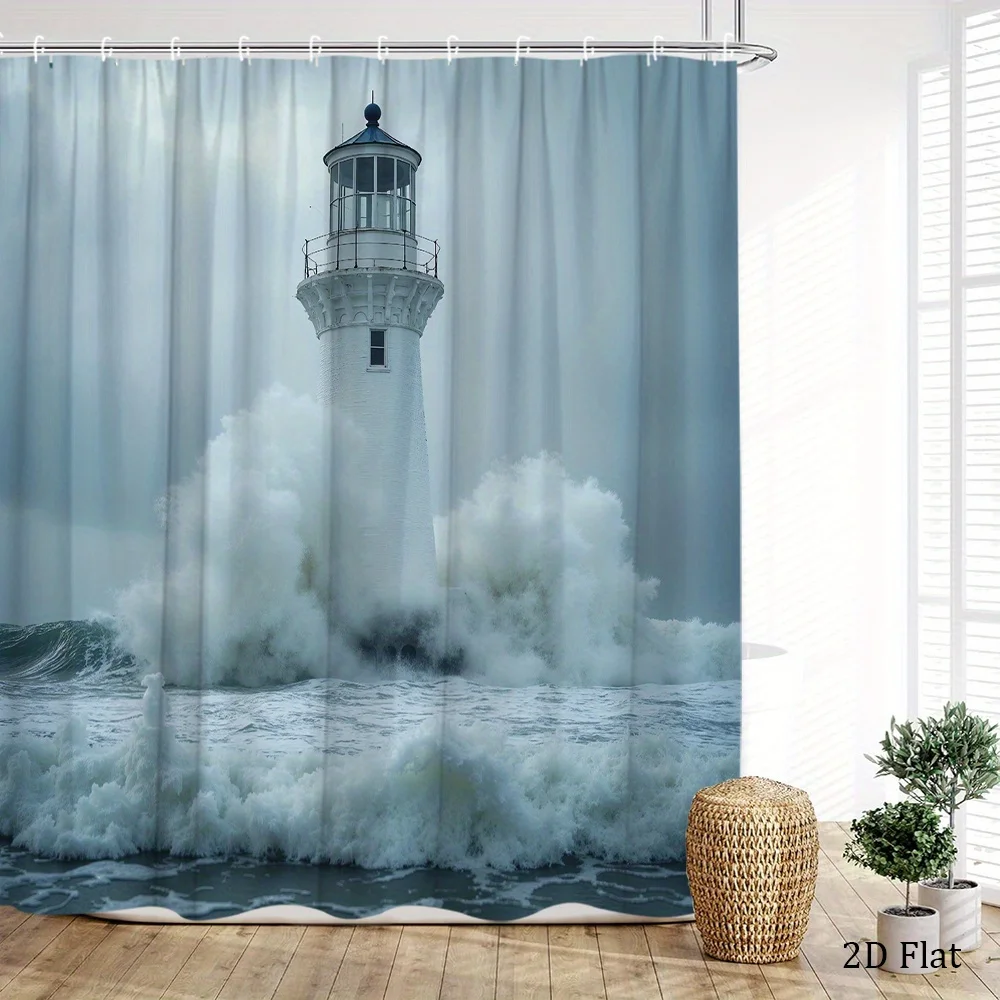 Ocean Lighthouse Shower Curtain Waterproof Moisture Proof Privacy Protection Print Storm Sea View Coastal Decor Bathroom Art