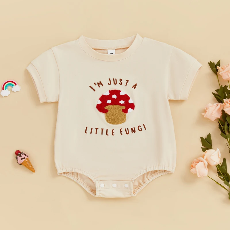 

Newborn Girl Boy Mushroom Romper Shirts Infant Baby Summer Clothes Letter Embroidery Short Sleeve Bodysuit Tops
