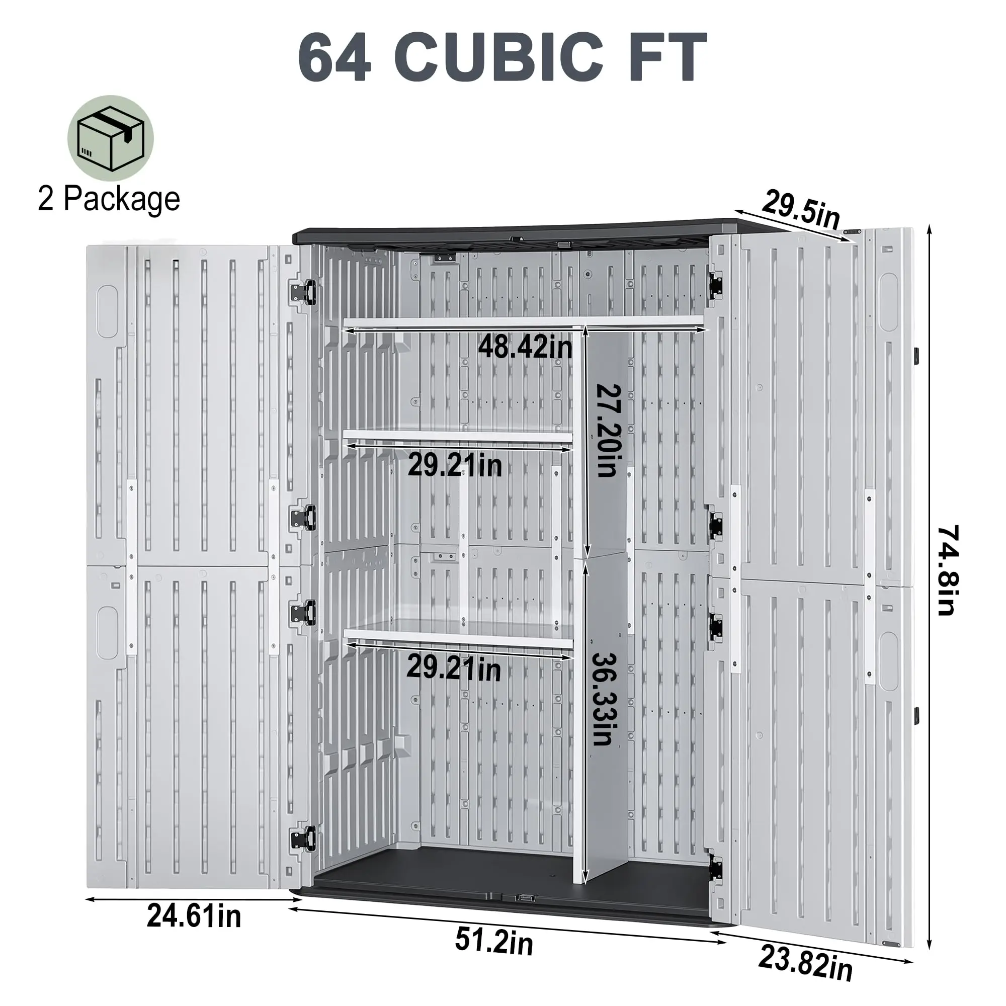 64 Cu.Ft Outdoor Storage Cabinet with 5pc Shelves, Grayish White