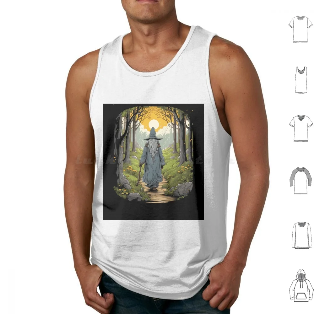 Wizard Walking The Road Tank Tops Print Cotton Wizard Ai Art Walking Forest Calm Beautiful Fantasy Gandalf Tolkien
