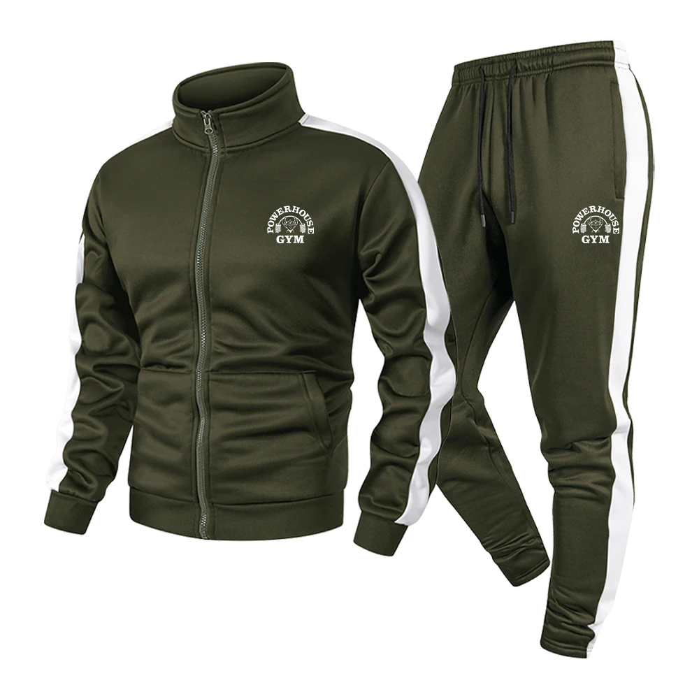 Men's Athletic Set With Fun Weightlifting Print Zip Up Jacket And Trousers Suitable For Outdoor Running Commute And Sports