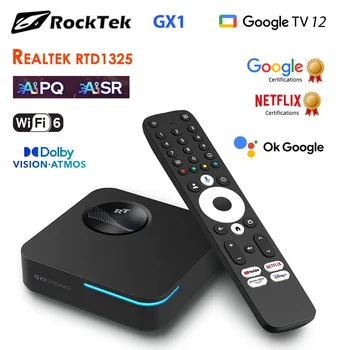 RockTek GX1 UHD Google TV 12 Box Netflix Google Certified 4GB 32G Realtek1325 Obsługa Dolby Atmos 2T2R Wifi6 BT5.2 Android TVBox