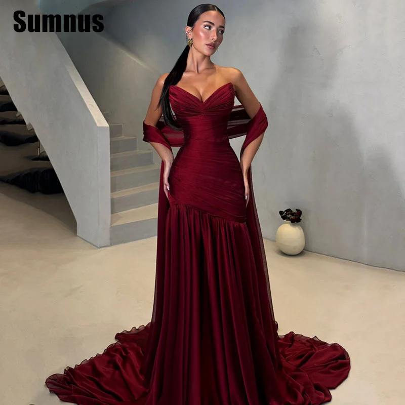 

Sumnus Charming Mermaid Burgundy Evening Dresses Sleeveless Pleats Train Formal Occasion Dress فساتين سهرة Customized