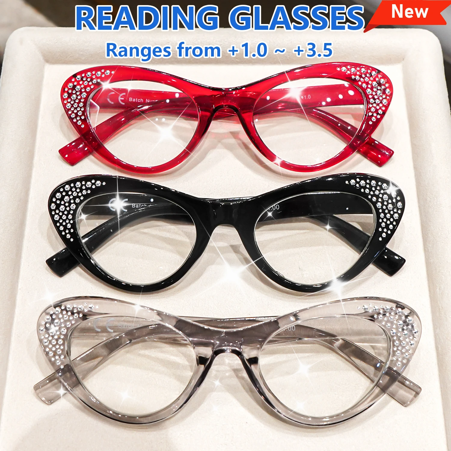 Óculos de Leitura com Cristais Brilhantes para Mulheres, Estilo Cat Eye, Bloqueadores de Luz Azul, Óculos de Moda