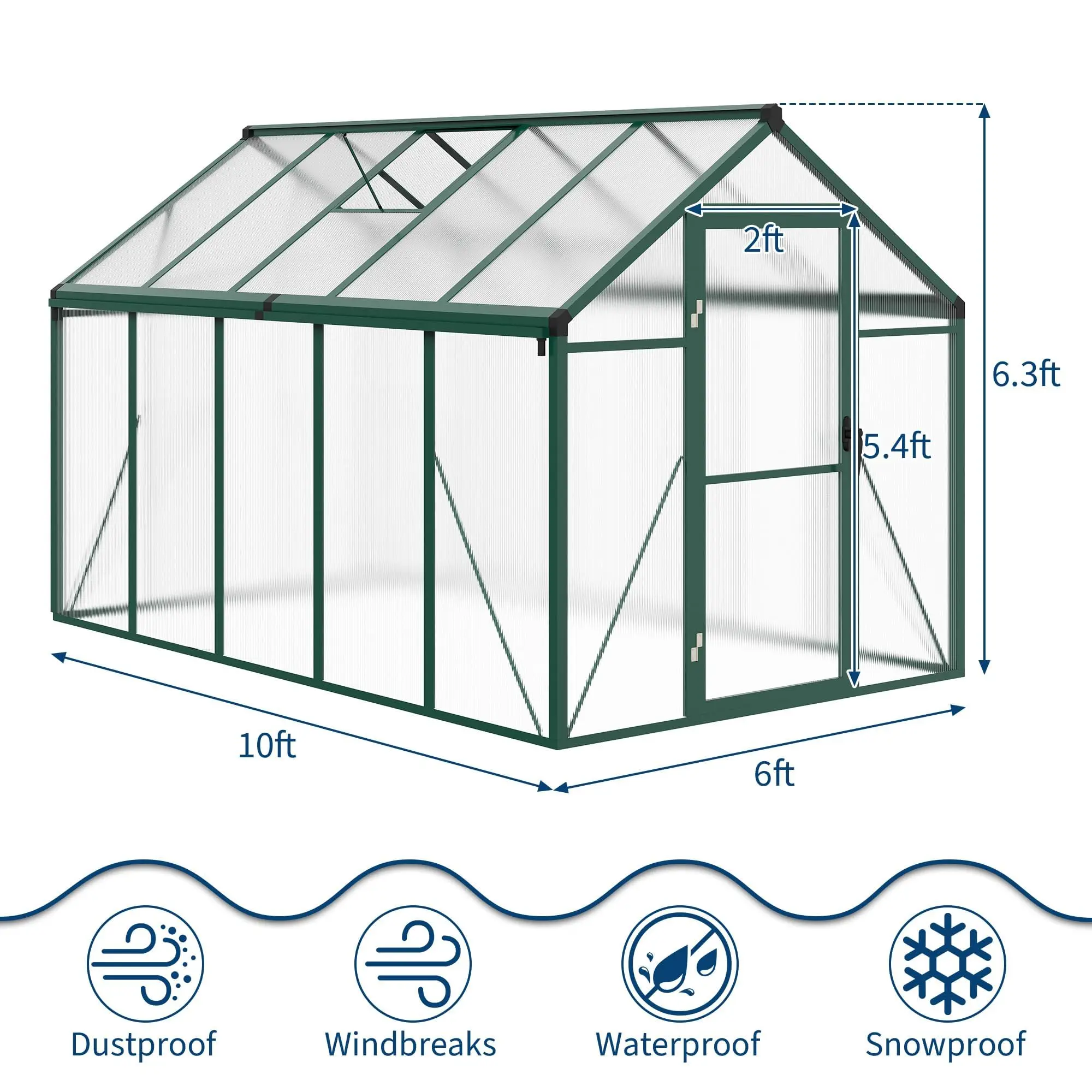 6x10 FT Greenhouse, Greenhouses for Outside, Polycarbonate Greenhouse with Aluminum Frame, Lockable Door and Ajustable
