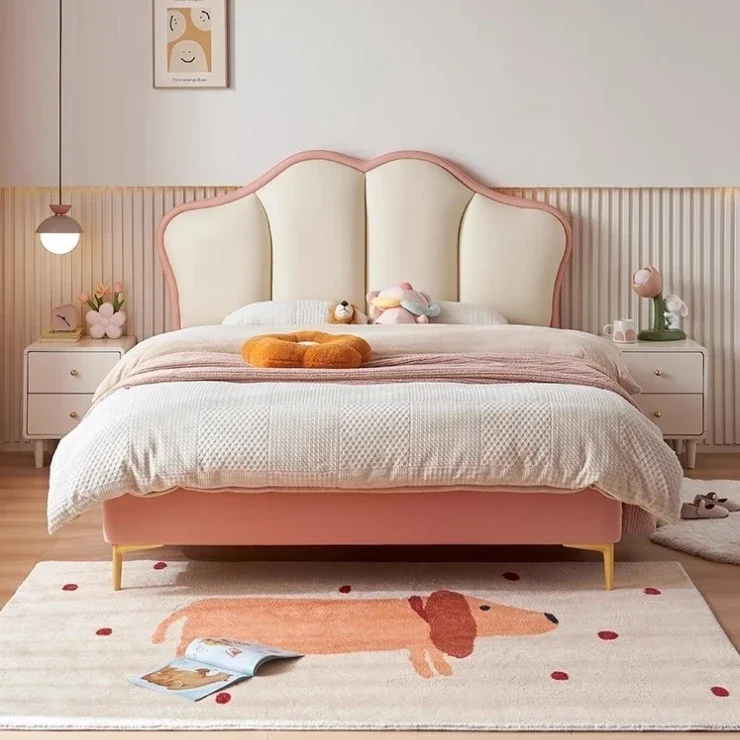 

Luxury Modern Simple Pink Princess Bed Girls Bedroom Furniture Queen 1.2 Meter Leather Bed 1.5 Meter Bedroom Furniture