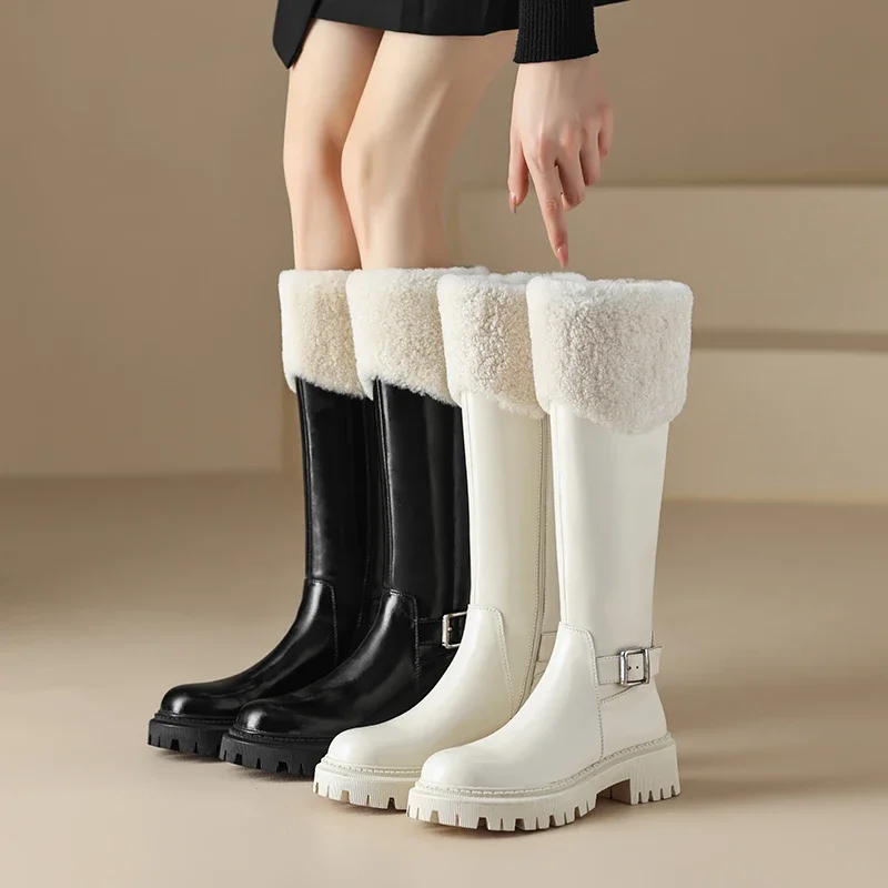 

2023 new winter warm shoes Women over-the-knee boots 22-25cm cowhide+wool+plush modern boots side zip platform boots snow boots