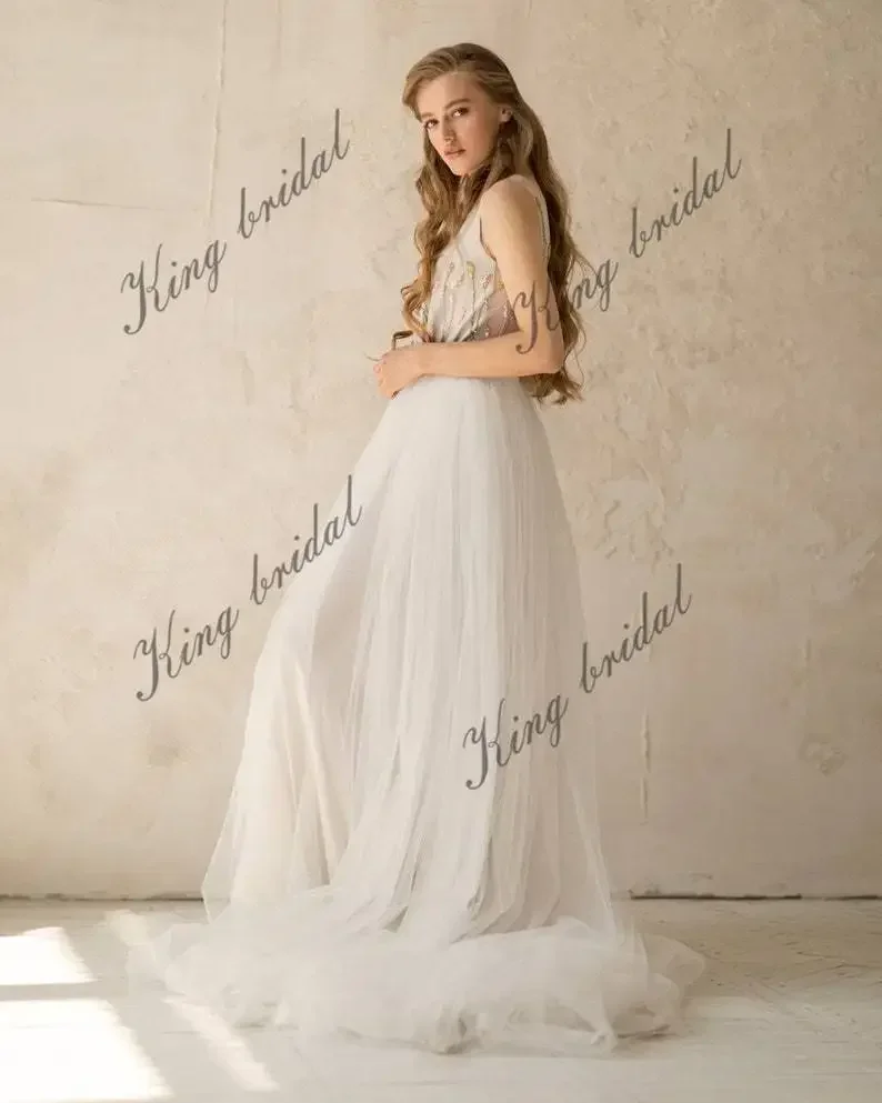 Vestido de noiva com decote em v personalizado marfim sem mangas vestido de noiva tule vestido de casamento aberto nas costas simples vestido de casamento de praia