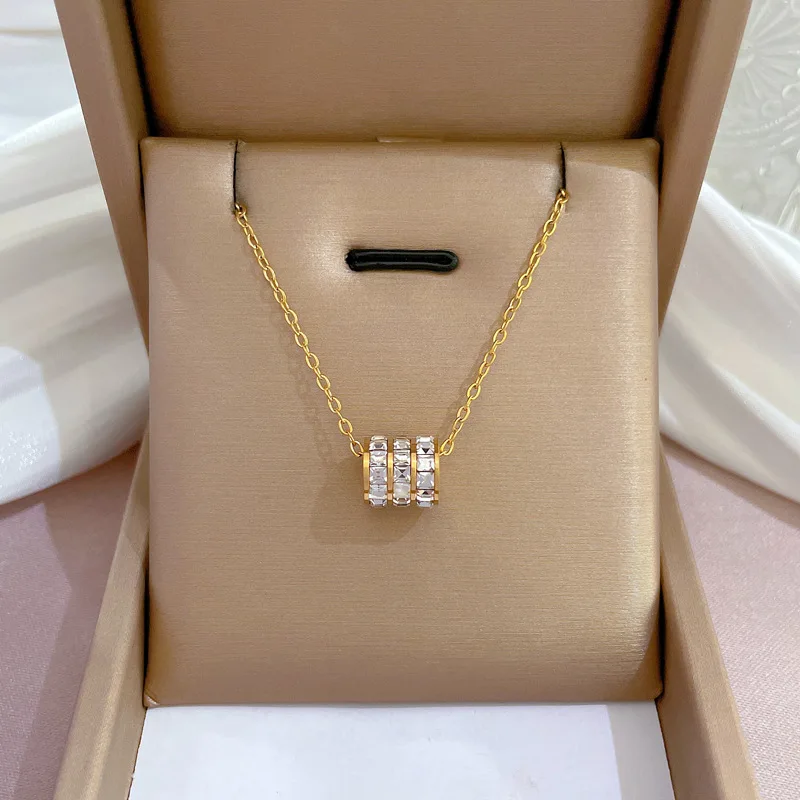

18K Gold Plated Three Ring Pendant Necklace for Women Full Zircon O-chain Titanium Steel Necklace Girls Gift