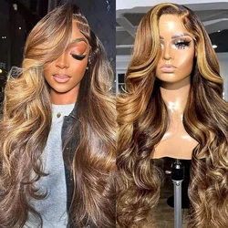 Peluca de cabello humano con encaje frontal para mujer, postizo de encaje frontal, color rubio miel, predesplumada, barata, resaltado, marrón, onda corporal, parte en T