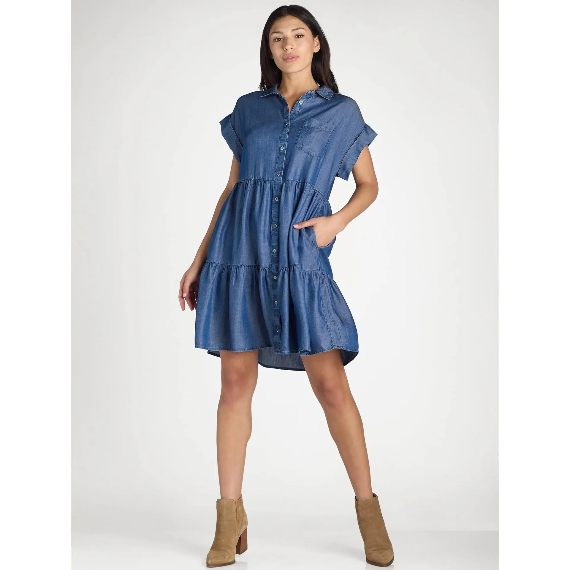 

Blouses Dresses Pleated Women Dress Knee Length Turn Down Collar Spliced Folds Solid Single Breasted Loose Casual Pockets