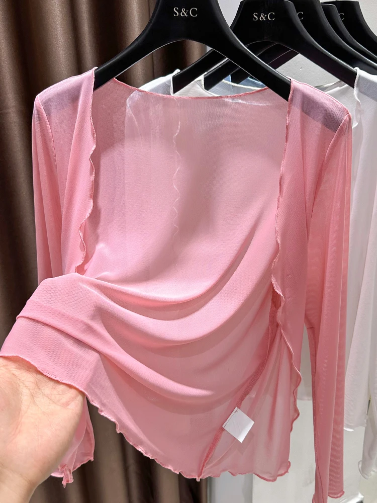 

Легкий летний кардиган из ледяного шелка с кружевной отделкой, женский, тонкий, нежно-розовый, с вырезами, в корейском стиле, для носки поверх одежды