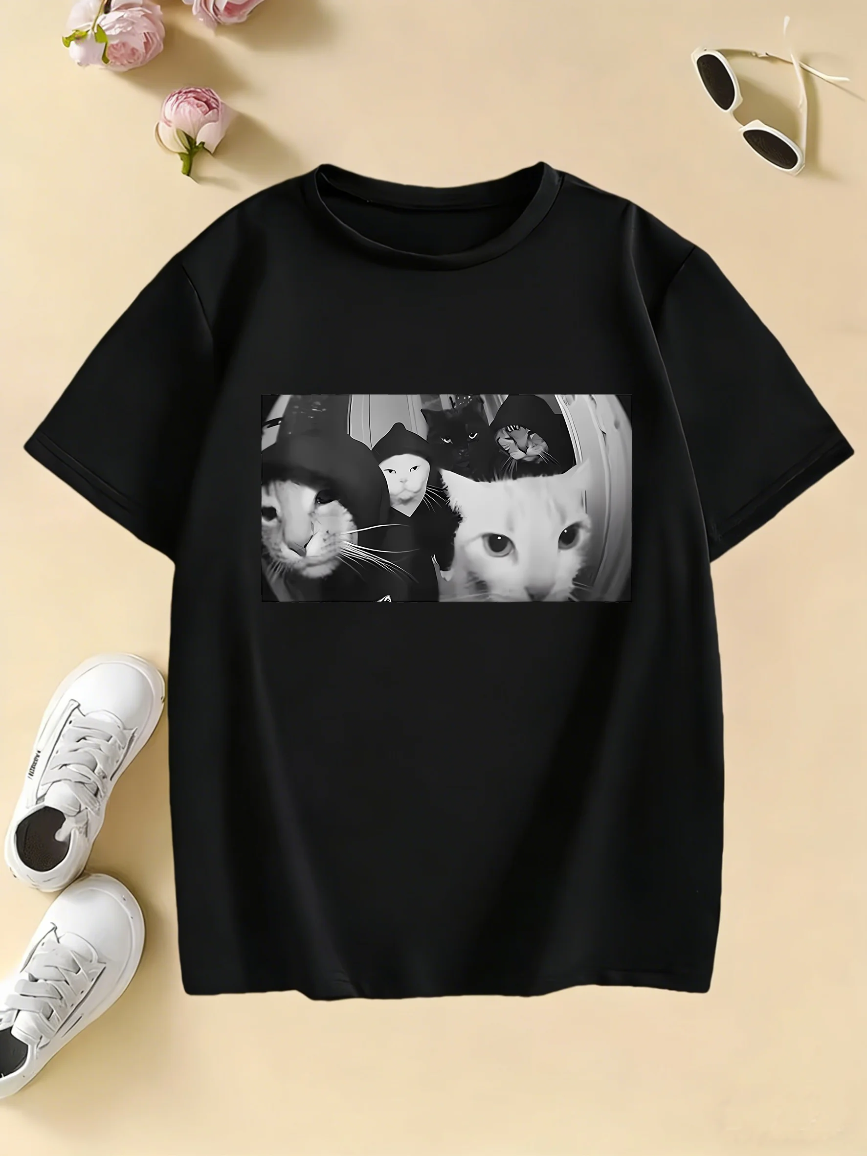 Streetwear Cat  Print T Shirts Hip Hop Design Cat Kids Children's T-shirt Boys Girls Summer Spring Casual Top Tee