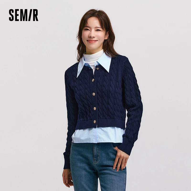 Semir Knitted Cardigan Women Contrasting Color Turn-Down Collar Cable Knit Sweater Literary Winter Fake Two-Piece Clothes