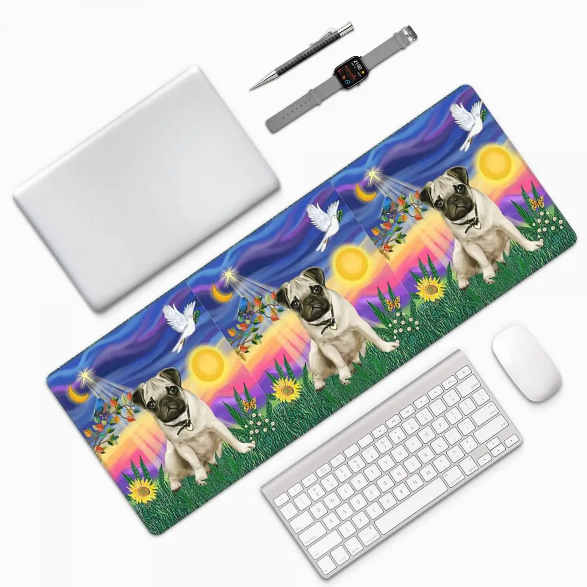 Twilight With A Pug Large Mouse Pad Computer Keyboard Mouse Mat Gamer PC Laptop Desk Mat Office Accessories Table Mats