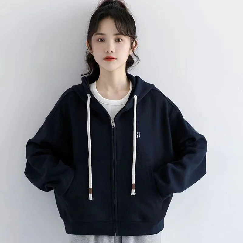 Grey Hooded Spring And Autumn 2025 New Fashion Hoodie Female Winter Plus Fleece Loose Zipper Cardigan Coat Casual Short Top