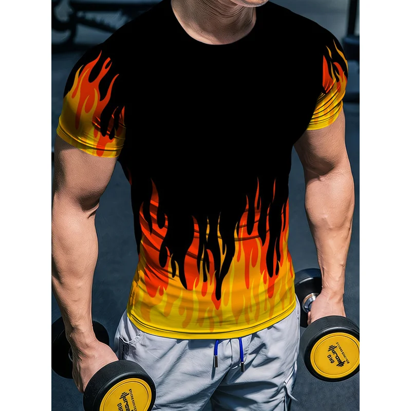 Men's Crew Neck FitnessTT-shirt with a black background and an orange-yellow flame gradient print Strength training at the gym