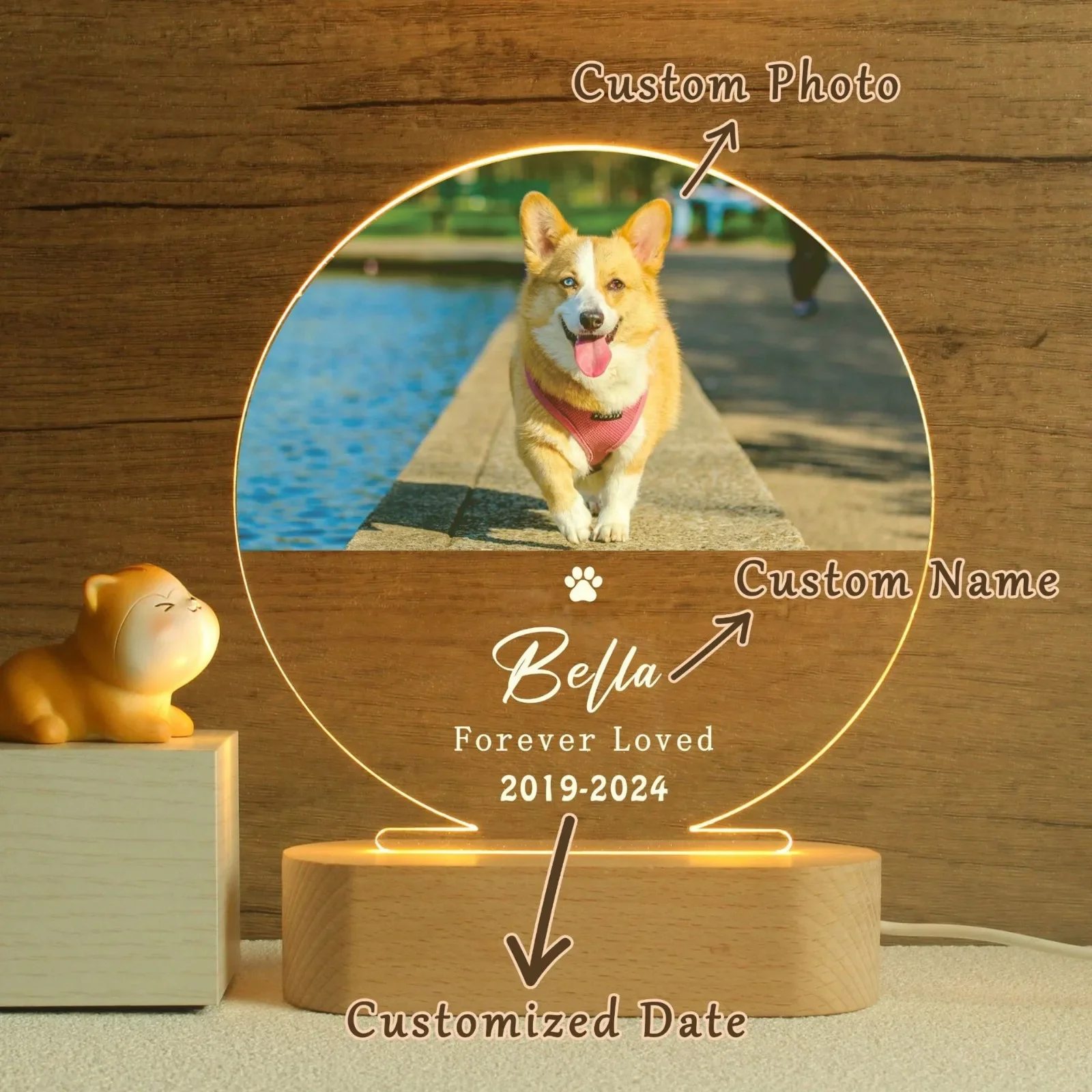 

Personalized Pet Keepsake Gifts - UV Printed Photo and Paw Print Night Light, Customized Pet Keepsake with Name and Date