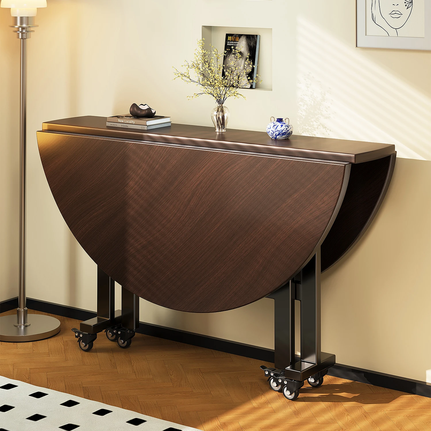 

Folding Large Round Dining Table Rotating Turntable Extendable Table Movable Round Table for Small Apartment Household