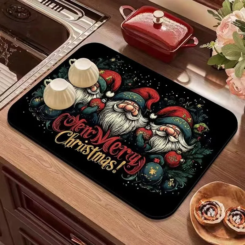 VIKAMA Diatomite Drying Mat Super Absorbent Fast Drying Non-Slip Easy Clean Kitchen Countertop Christmas Gnome Decor