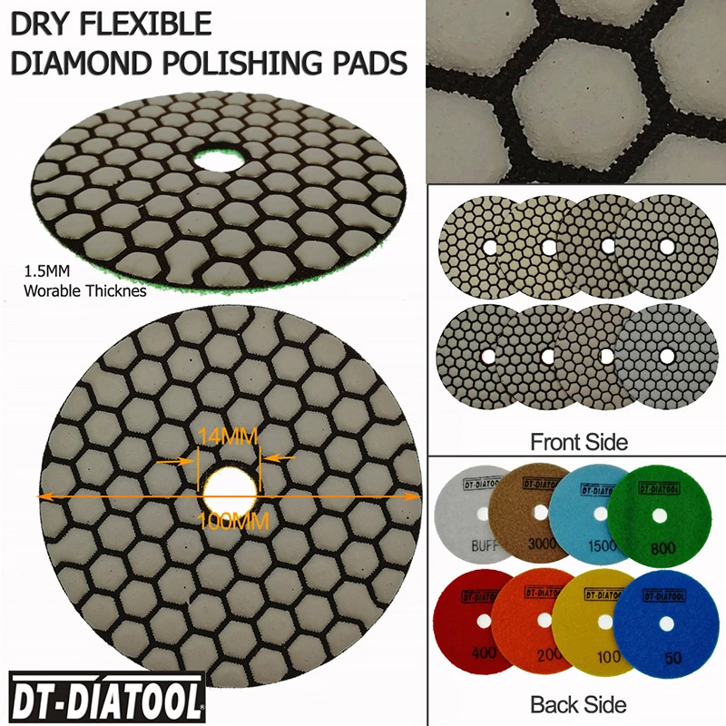 DT-DIATOOL 7pcs Dia 4 inch/100mm Resin Bond Diamond Dry Polishing Pads Grit #100 Sanding Disc For Granite Marble Stone