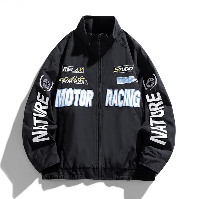 

Осенняя мужская куртка High Street с вышивкой букв, мотоциклетное мужское пальто в стиле панк с воротником-стойкой и длинным рукавом на молнии, мужская верхняя одежда большого размера