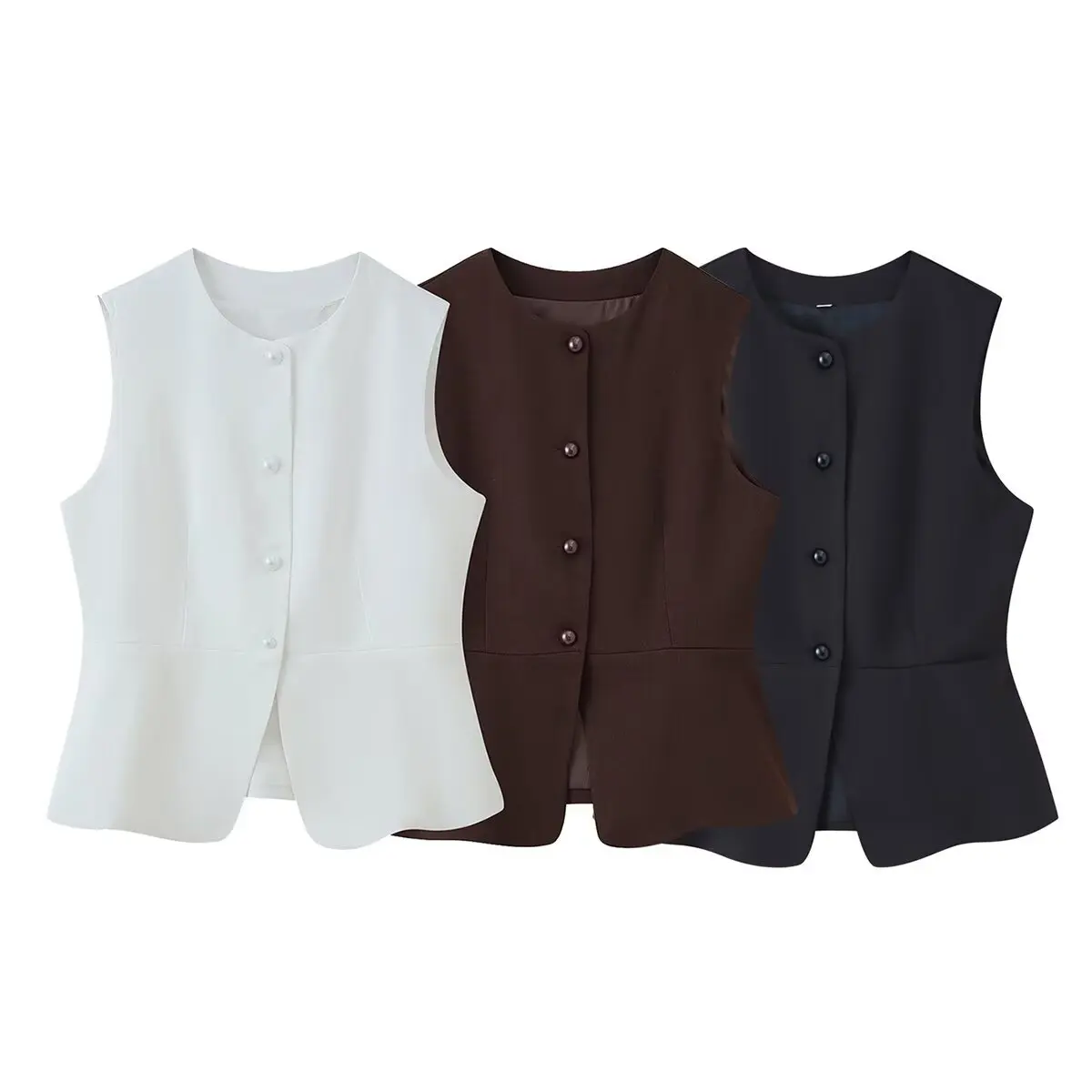 Elegant Solid Suit Waistcoat Women Round Neck Front Button Sleeveless Slim Office Casual Layering Blazer Vest 260701