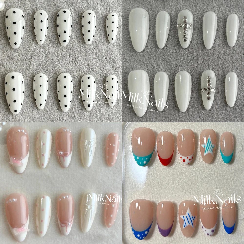 

10Pcs Sweet Kawaii Handmande Detachable Press On Nails Glittering Diamond Sequins Pearl Flower Bowknot Almond French False Nail