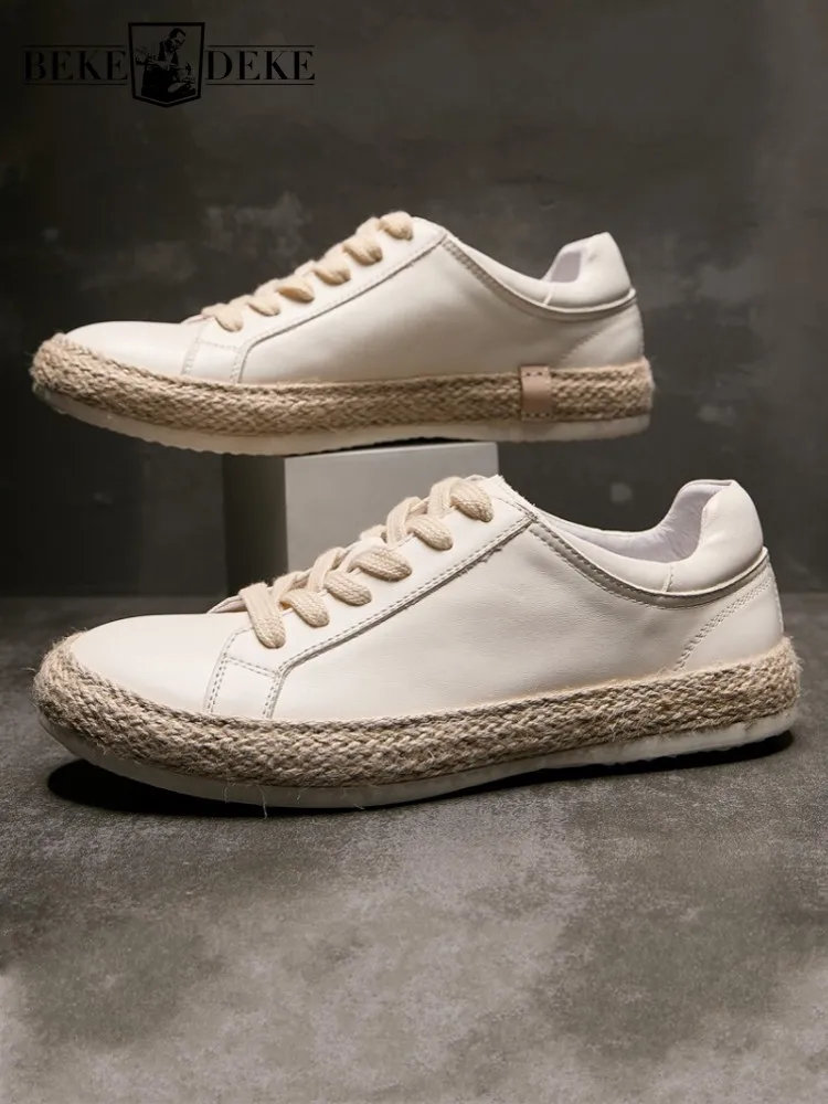 New Fashion Mens Weave Platform Horsehide Genuine Leather Shoes Casual Lace Up Outside Joggers Sneakers Low Cut Driving Shoes