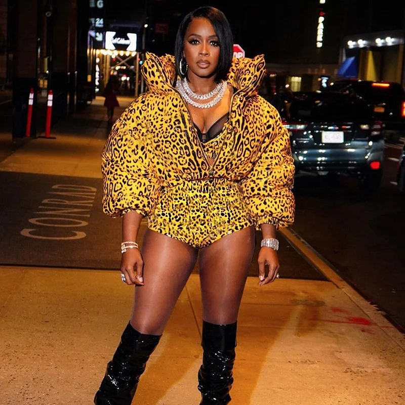 

Women's Winter Thiened Cotton Jaet Leopard Print Bright Leather Bikini ort Pants Set Street Sle Zipper Closure Slim Fit