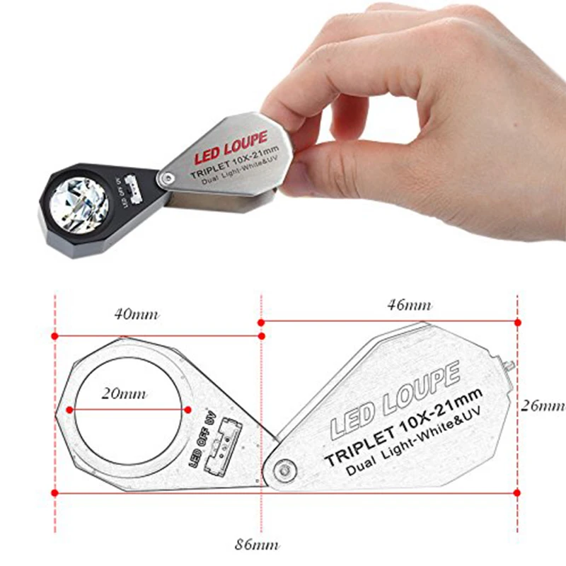 Professional Dual Light UV/LED Triplet Illuminated Loupe 10x Jeweler Magnifier with 6 LED UV Light 21mm Lens for Gems Jewelry