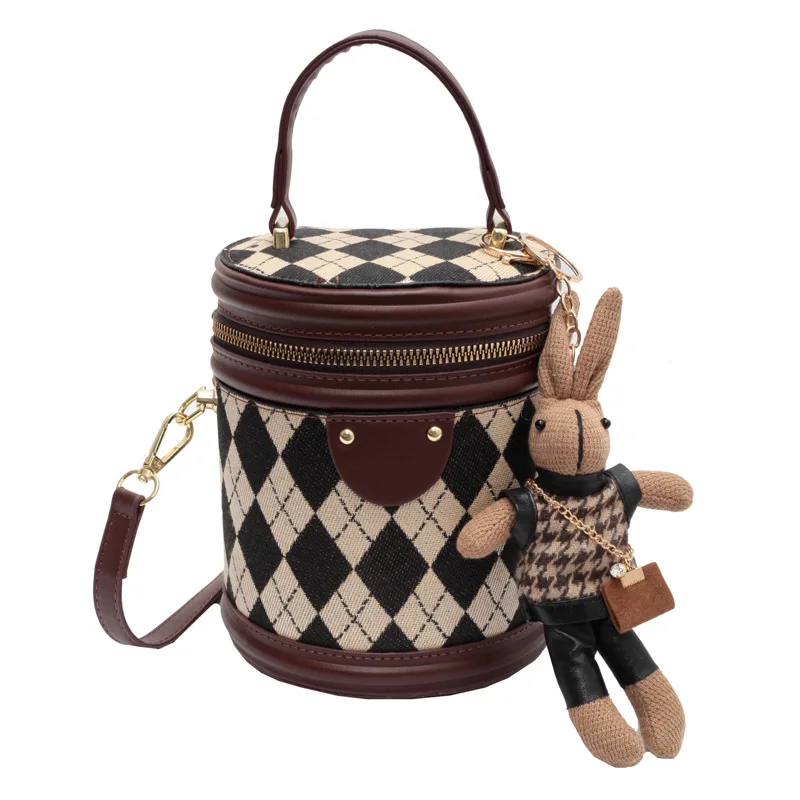 

Vintage Versatile Small Shoulder Bag Women Fashion Small Popular Crossbody Bag Texture Rhombic Handheld Bucket Bag Handbag