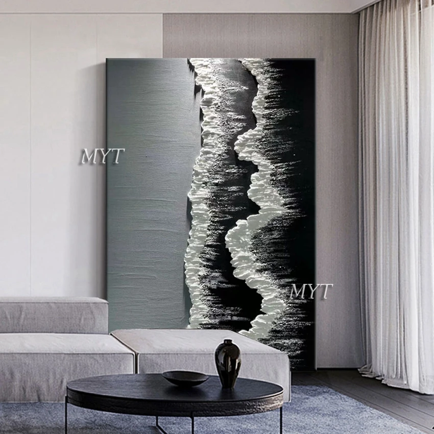 Hand-painted 3D Knife Black Acrylic Sea Wave Textured Abstract Oil Painting High Quality Showpiece For Home Decoration No Framed