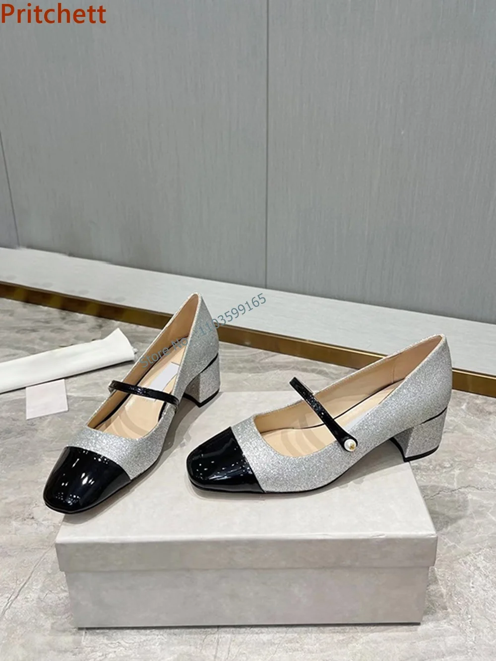 

Mixed Color Pearl Bucket Pumps Square Toe Chunky Heel Silvery Black Women Mary Jane Shoes Summer Concise Comfortable Party Shoes