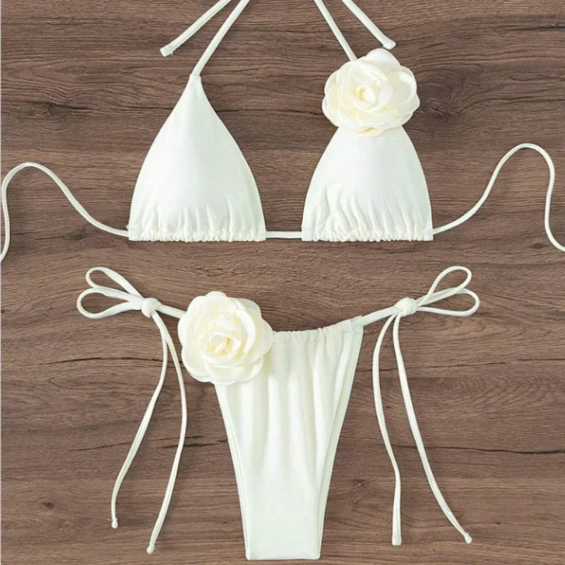 Sexy 3D Flowers Halter Strappy Bikini Women Swimwear Female Swimsuit Two-pieces Bikini Set Bather Bathing Suit Swim