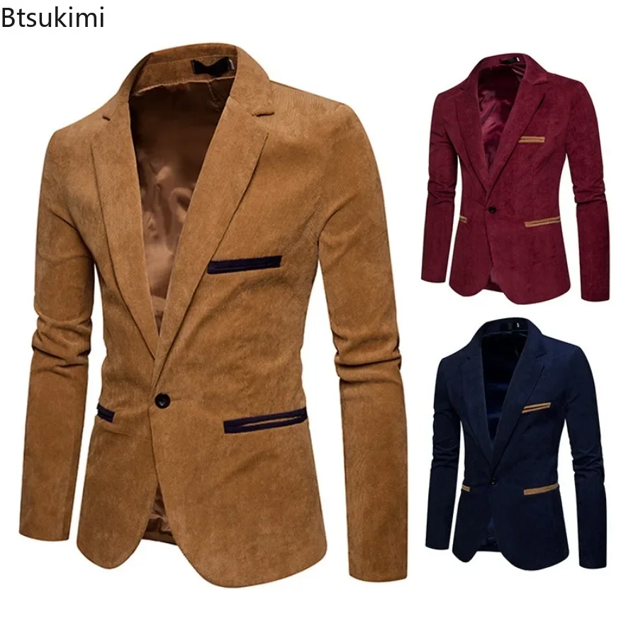 New High Quality Men\'s Leisure Corduroy Blazers Jacket Fashion Patchwork Single Button Casual Slim Suit Jacket for Men Clothing