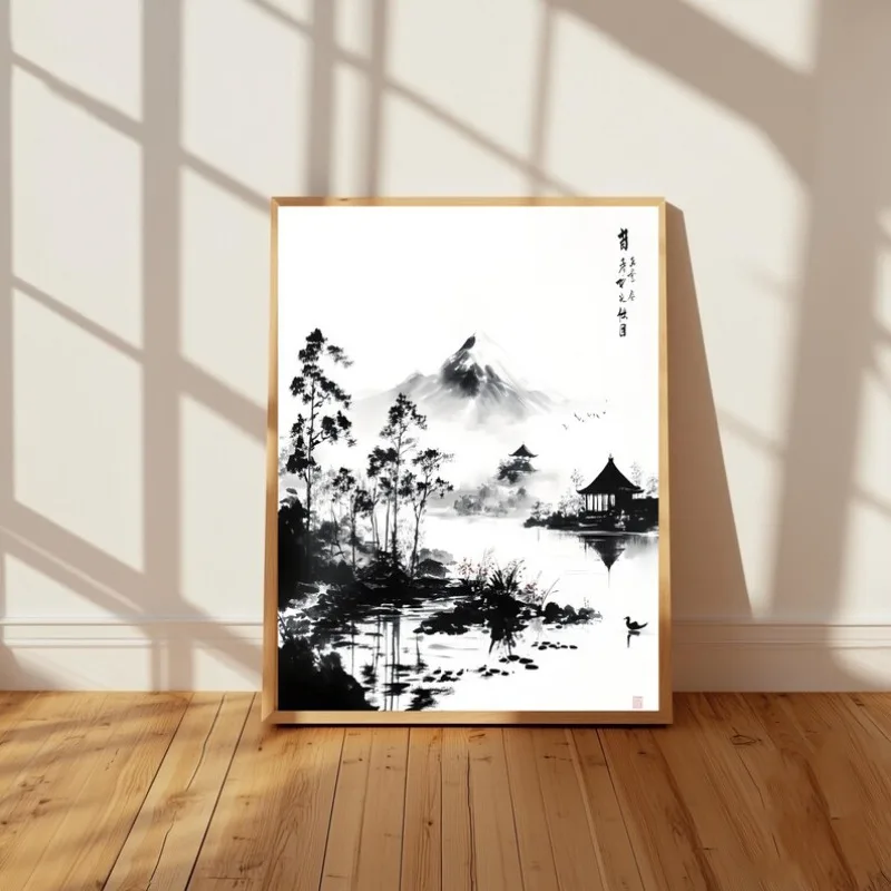 Minimalist Japanese Sumi-e Fuji Mountain Lake Pagoda Poster Ink Landscape Tranquil Zen Canvas Painting Wall Art Room Home Decor