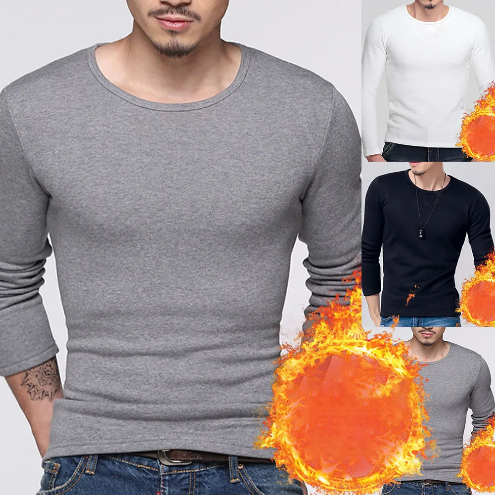 Mens Winter Thermal Fleece Lined O Neck Long Sleeve Undershirt Pullover Tops Male Thermal Cueca Casual Base Layer Shirts